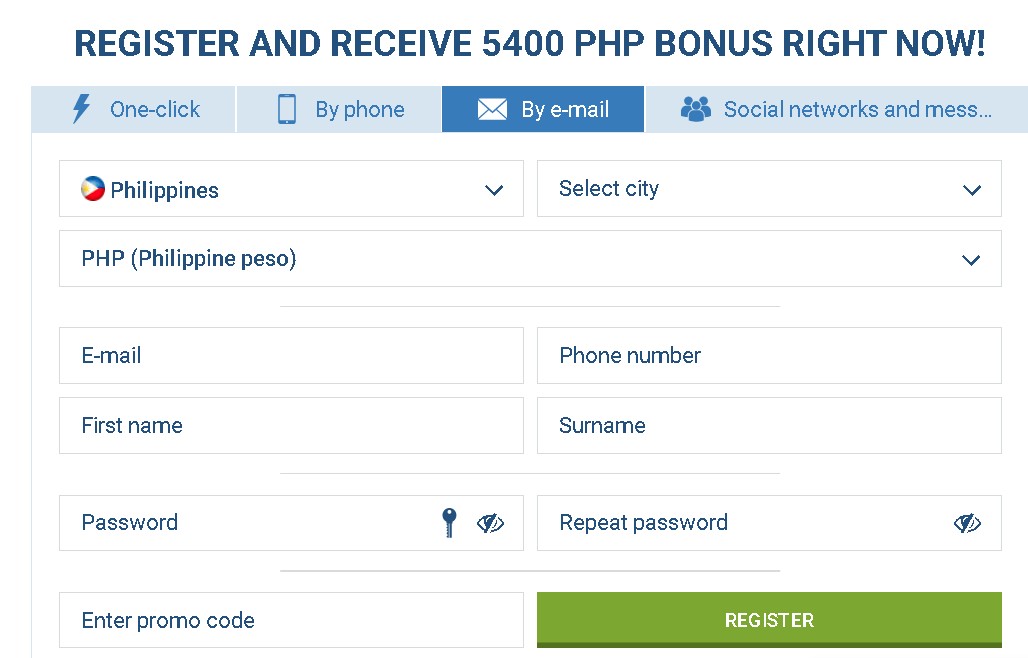 1xBet register form